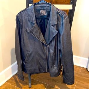 Ruff Hewn Faux Leather Biker Jacket in Dark Brown with Plaid Flannel Accents